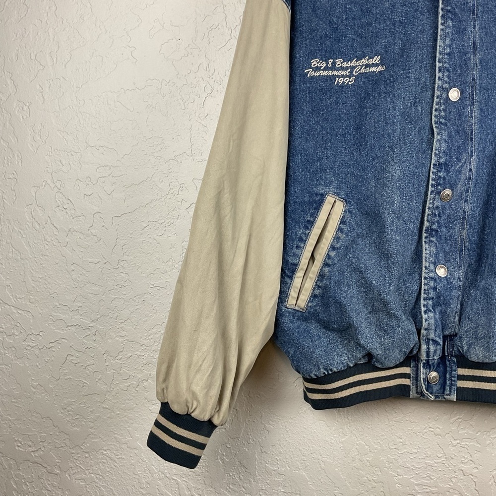 Men’s Vintage 90s Denim Canvas Bomber Style Basketball College Snap Up Coat - Picture 7 of 9